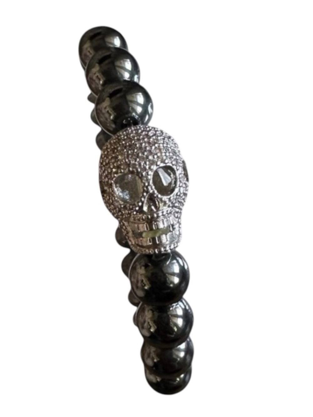 NEW Jet Hematite 8mm Beaded Stretch Bracelet Silver Pave Skull Spacer